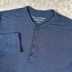 Wool & Prince Mens M Blue Long Sleeve Henley Merino Wool Lightweight Shirt